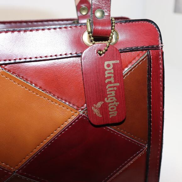 Burlington Patchwork Leather Satchel Red Brown Tan Vintage Style Kiss Lock - Picture 5 of 6